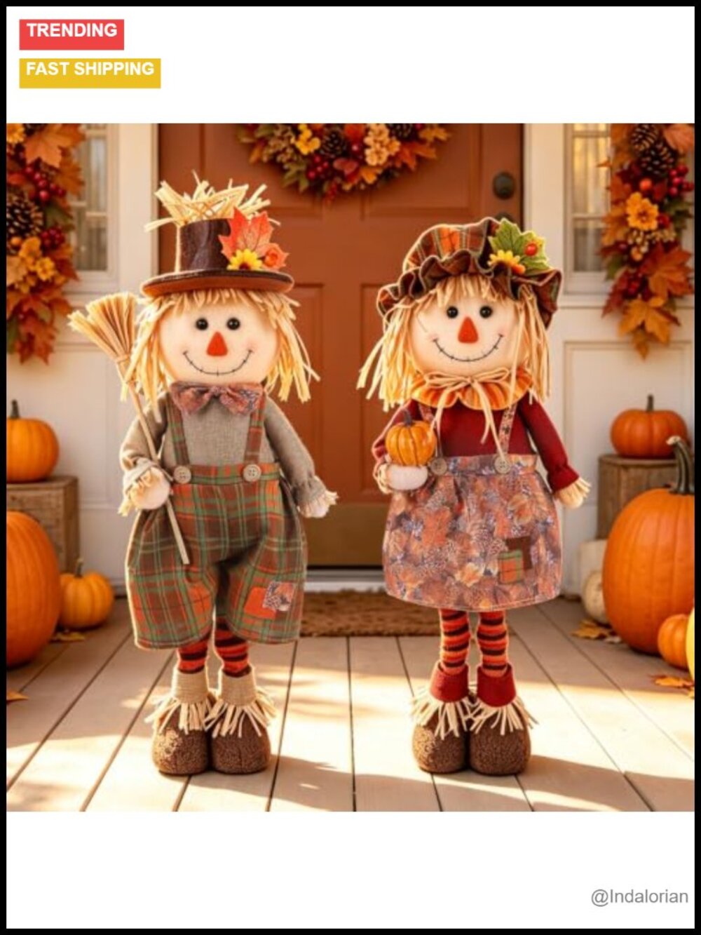 2Pack Standing Scarecrow Figurines Stretchable Legs 22-28in Fall Harvest Decor